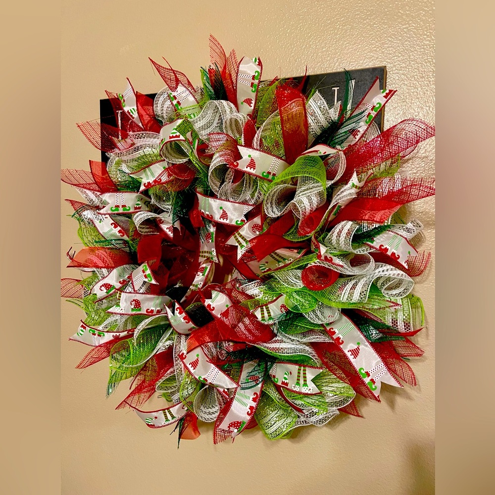 Handmade Christmas Wreath with elf ribbon